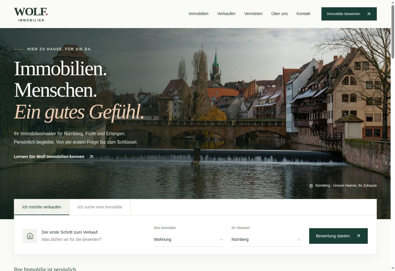 Echte Aufnahme der Wolf-Immobilien-Website mit Nürnberger Stadtansicht und Bewertungsanfrage